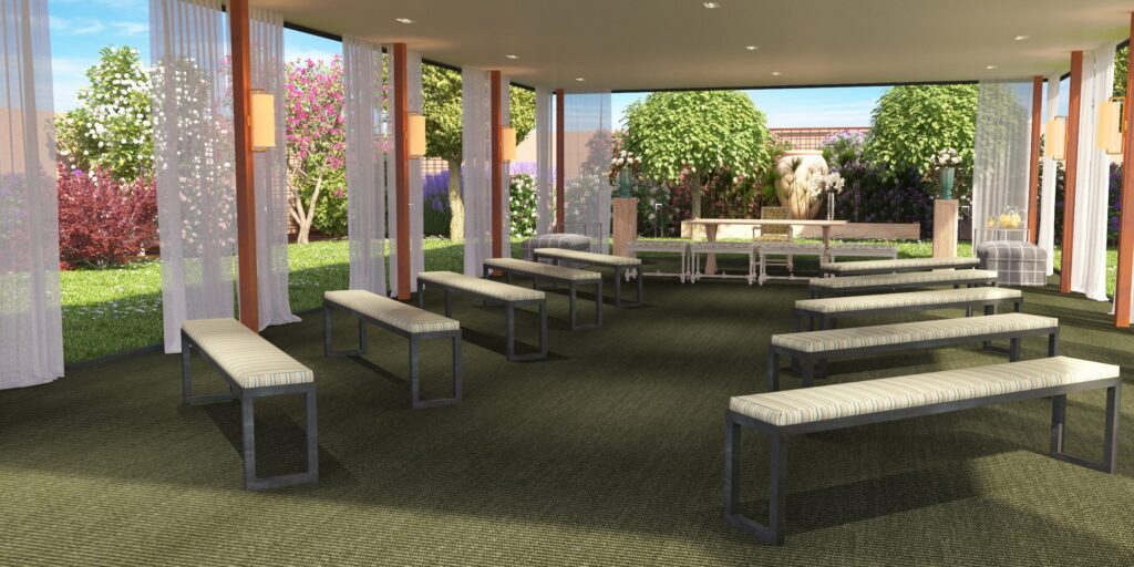 Espacio al aire libre con bancos en La Quinta de Illescas.