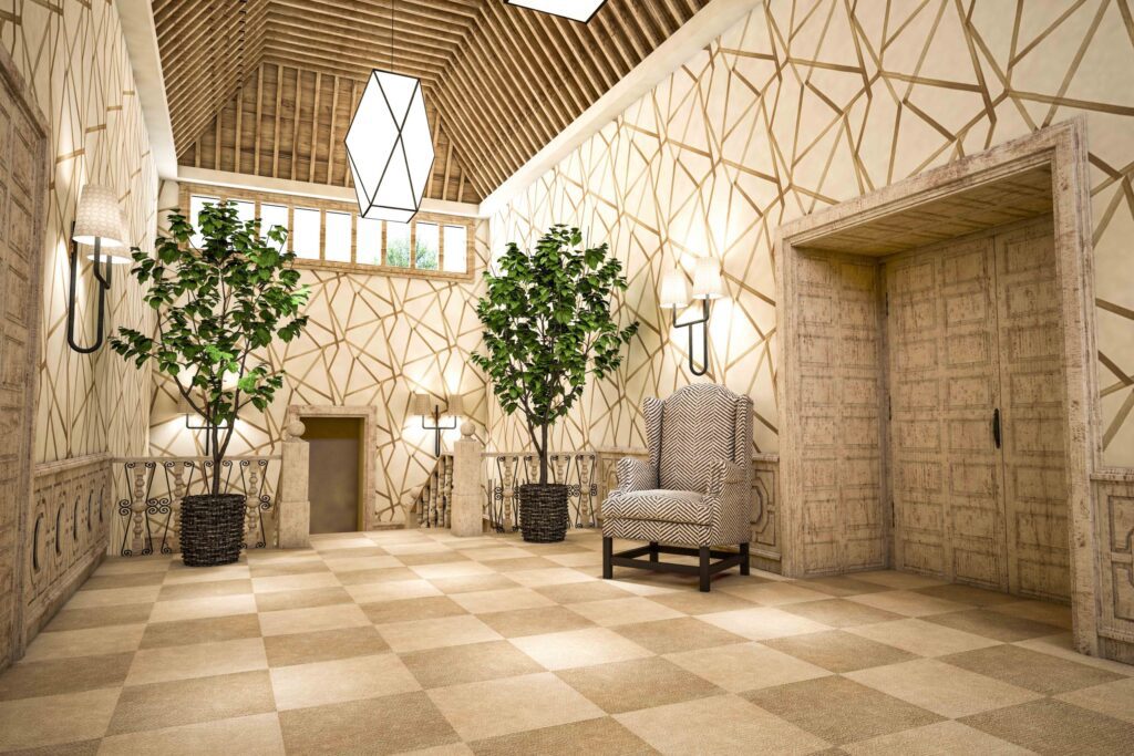 Vestíbulo elegante com paredes geométricas, plantas, e cadeira de design único.