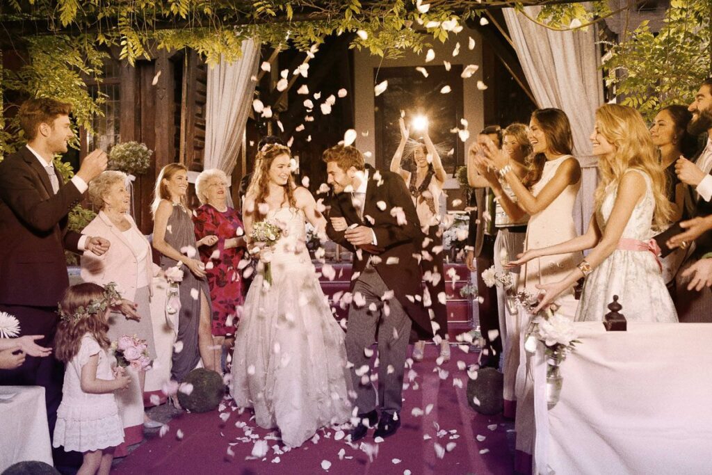 Pareja de recién casados celebrando con amigos y familiares bajo una lluvia de pétalos.