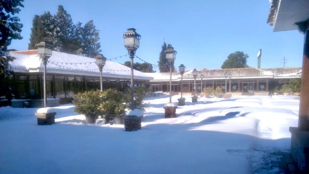 Patio cubierto de nieve con farolas y una construcción al fondo.